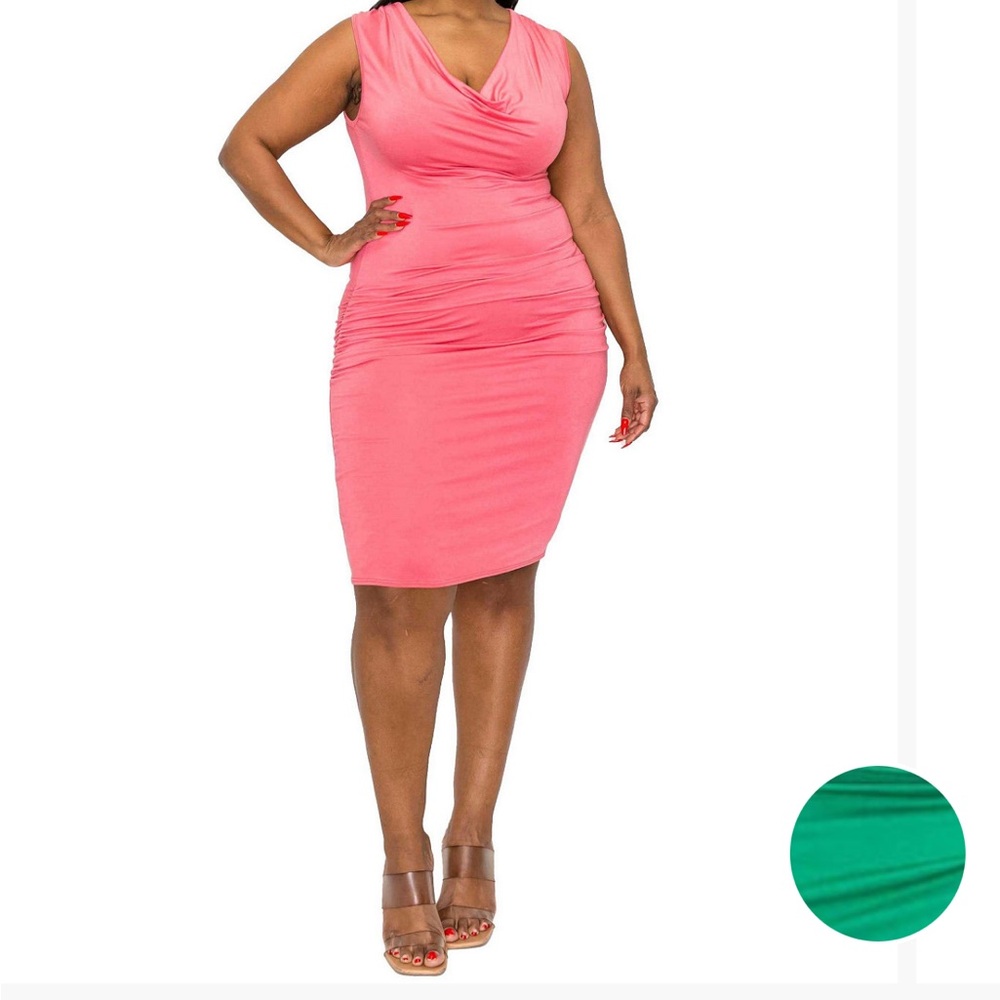 Orange Pink Ruched Bodycon Midi Dress